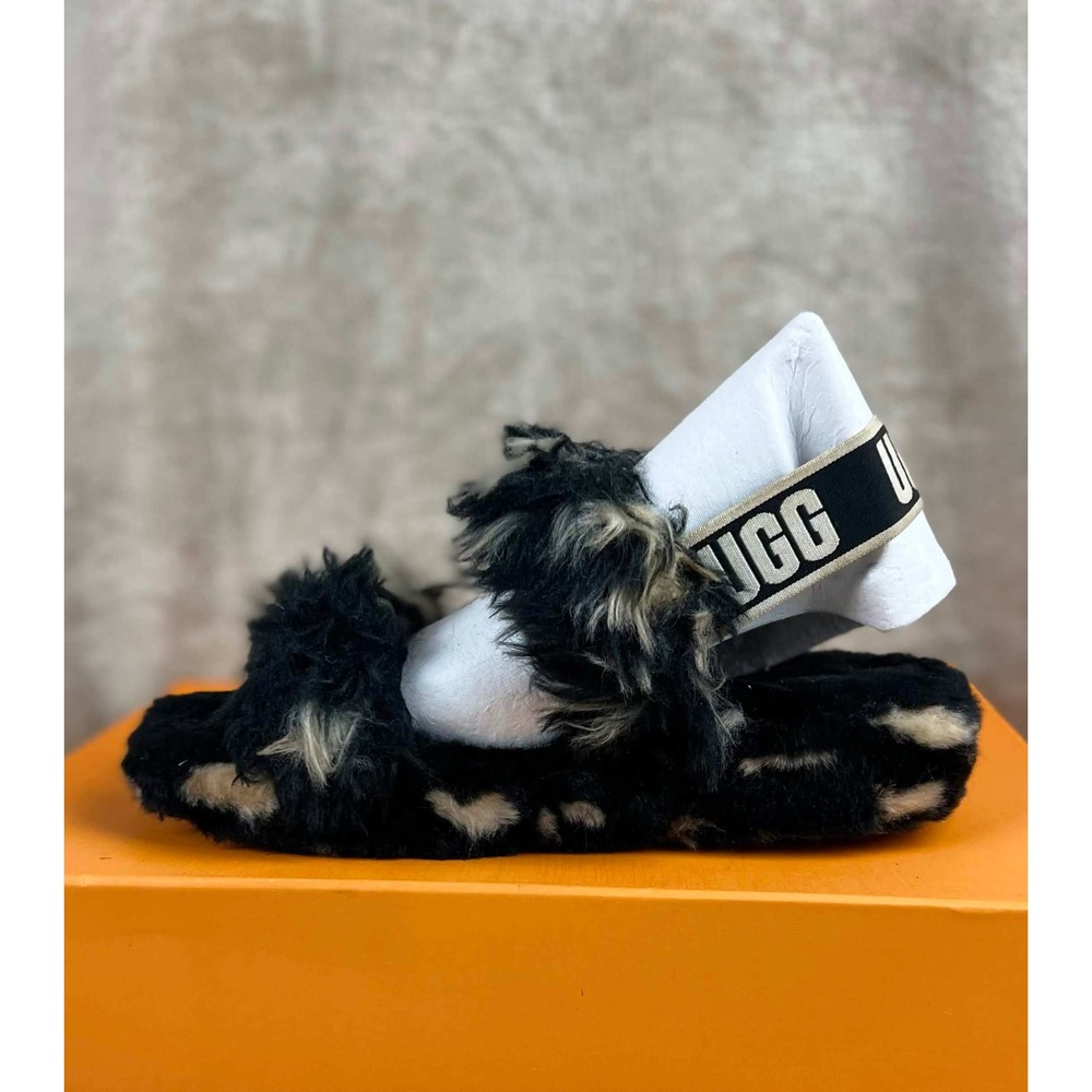 UGG Women Oh Fluffita Slide Sandals Black White Marble Sheepskin Platform Logo 7